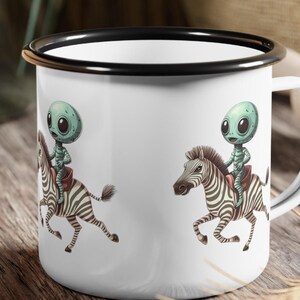 Earth Activities 12oz Steel Enamel Glazed Camp Cup Durable Hiking Camping Mug Sci-Fi Space Theme Animal Lover Funny Alien Riding Zebra Mug