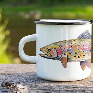 Rainbow Fish Catch 12oz Steel Camp Cup Enamel Glazed Cup For Backpacking Adventure Mug For Camping Gift For The Outdoors Mug Durable Gift