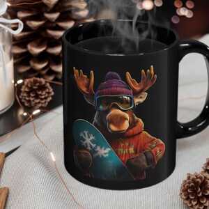 Snowboard Moose Black Ceramic 11oz 15oz Coffee Mug For Winter Seasons Greetings Cozy Mug For Snow Snowboarding Lover Gift Hot Chocolate Mug