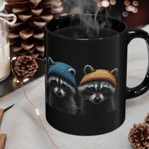 Raccoon Chill Black Ceramic 11oz 15oz Coffee Mug For Winter Seasons Greetings Cozy Mug For Raccoon Snow Lover Gift For Hot Chocolate Mug