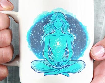 喉のチャクラのコーヒーマグ：スピリチュアルな女性の瞑想、ボヘミアン風禅セラミック