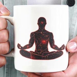 Root Chakra Man In Meditation, Space Theme Gift For Him, Yoga Mindfulness Mug, Spiritual Gift, Unique Tea Cup, Energy Healing Vibes Decor