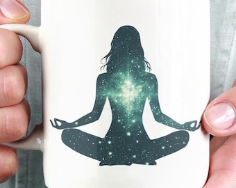 Heart Chakra Meditation Accent Ceramic 11oz 15oz Coffee Mug For Spiritual Celestial Space Theme Zen Woman Meditation Calm Gift For Her Mug
