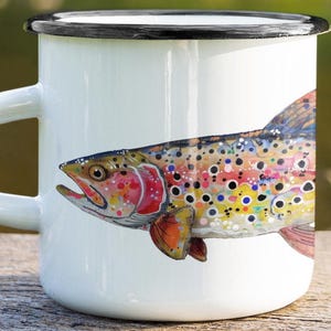 Rainbow Trout Catch Enamel Camp Cup: Steel Fishing Adventure Mug, Camping Gift