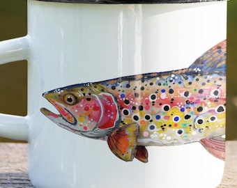 Rainbow Trout Catch Enamel Camp Cup: Steel Fishing Adventure Mug, Camping Gift