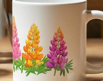 Taza de café con diseño floral de lupino alpino, jardín botánico, cerámica de 590 ml (20 oz).