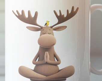 Moose Serenity Accented Ceramic 11oz 15oz Coffee Mug Funny Morning Meditation Gift For Yogi Spiritual Practice Yoga Meditator Namaste Mug
