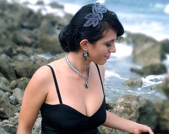 Goddess - Sparkling Black Leaves Crystal Beaded Leaf Headband Hair Accessory