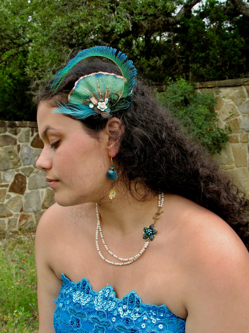Green Blue Teal and Copper Jeweled Peacock Feather Hair Etsy