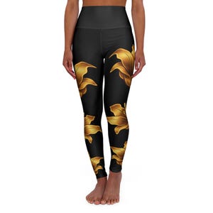 Elegant Floral Leggings, Fitness Pants, High Waist Workout Tights, Yoga Apparel, Floral Print Leggings, Black and Gold Leggings