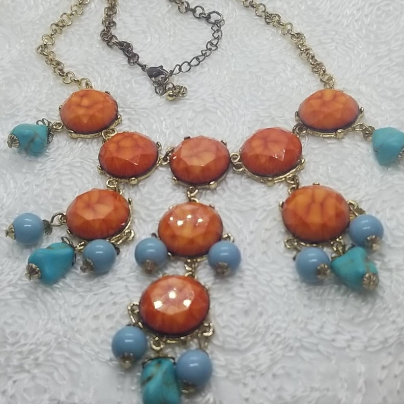 Orange Blue Turquoise Drop Statement Gold Necklace