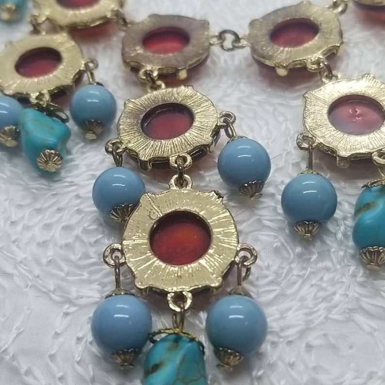 Orange Blue Turquoise Drop Statement Gold Necklace