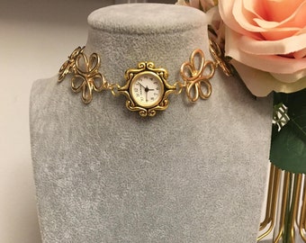 Gold Watch Choker Necklace, Watch Choker, Flower Choker, Gold Choker, Handmade Necklace, Watch Pendant, Choker Necklace