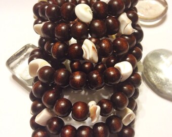 Wood and Shells Wrap Cuff Bracelet