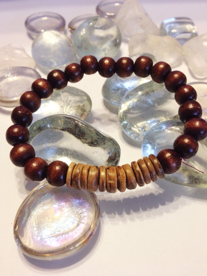 Bracelet Extensible En Perles De Bois Brun - Écriture Asiatique Porte-Bonheur - Occasion