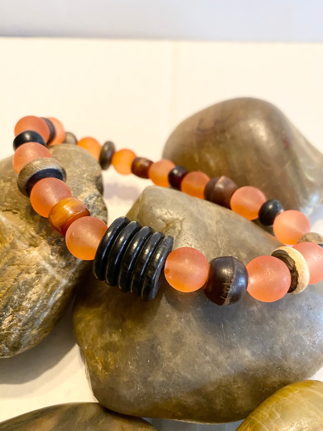 Natural Wood & Horn Beads and Sea Glass Beads Braceletmen Etsy