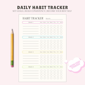 Blad gewoontetracker, afdrukbare doelen stellen, planner dagelijkse routine, organisator productiviteit, zelfverbeteringsgrafiek, blanco gewoontedagboek