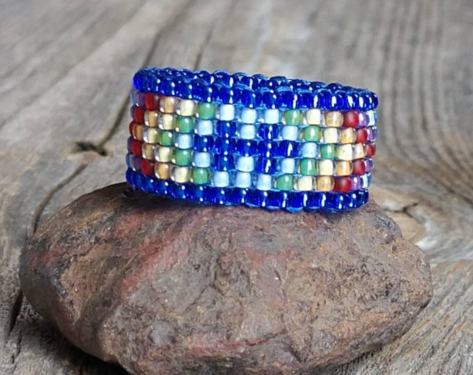 Autism Awareness Royal Pale Blue Colorful Rainbow Puzzle Piece Beaded Band Ring Hypoallergenic Aspergers ASD Custom Colors