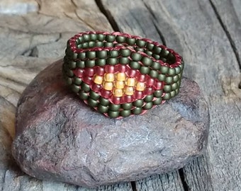 Handsewn Frosted Olive Green Autumn Burnt Orange Pomegranate Red Southwestern Hippie Bead Ring Hypoallergenic Nickel Free Custom Orders