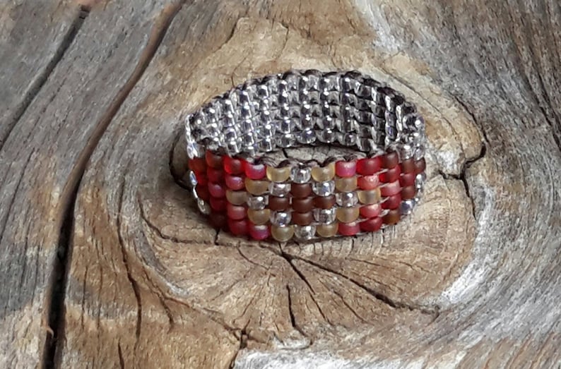 Southwestern Native Earthy Brown Maize Rainbow Beaded Band Ring Handsewn Custom Hypoallergenic image 4