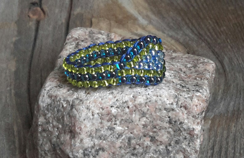 Handmade Cobalt Blue Chartreuse Hippie Minimalist Tribal Boho Bead Band Ring Pinky Nickel Free image 3