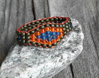 Olive Green Orange Frosted Blue Handsewn Hypoallergenic Beaded Ring Band with CUSTOM SIZING Pinky Midi Thumb