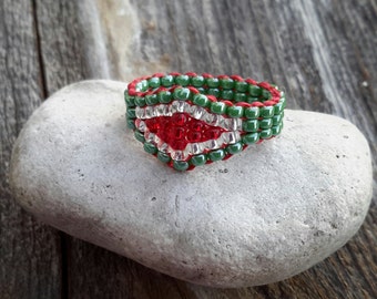 Icy Jade Green Holiday Santa Yuletide Spirit Hand Sewn Bead Band Ring Nickel Free