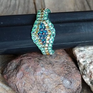 Sea Mist Aquamarine Green Cobalt Blue Crystal Honey Gold Hippie Bead Ring Hypoallergenic Nickel Free Custom Orders afbeelding 2