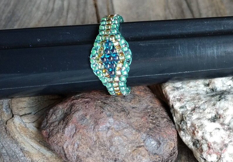 Sea Mist Aquamarine Green Cobalt Blue Crystal Honey Gold Hippie Bead Ring Hypoallergenic Nickel Free Custom Orders afbeelding 2
