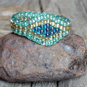 Sea Mist Aquamarine Green Cobalt Blue Crystal Honey Gold Hippie Bead Ring Hypoallergenic Nickel Free Custom Orders afbeelding 1