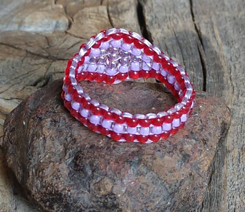 Handsewn Frosted Lavender Heather Mauve Red Southwestern Hippie Love Bead Ring Hypoallergenic Nickel Free Custom Orders image 2