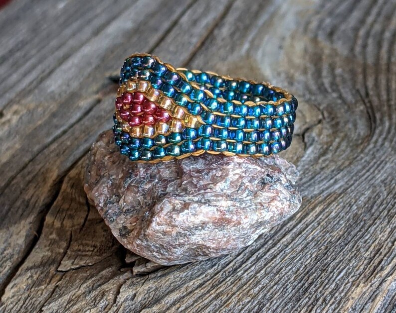 Rainbow Teal Crystal Honey Gold Royal Plum Southwestern Hippie Boho Native Bead Ring Chunky Jewelry Hypoallergenic image 3