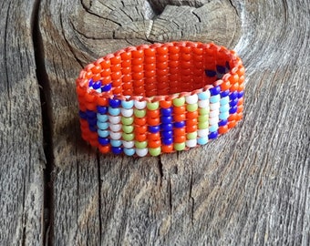 Native American Tangerine Orange Sky Blue White Green Cross Rainbow Hypoallergenic Unisex Beaded Ring Tribal Custom Orders