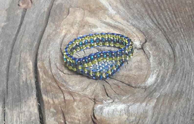 Handmade Cobalt Blue Chartreuse Hippie Minimalist Tribal Boho Bead Band Ring Pinky Nickel Free image 4