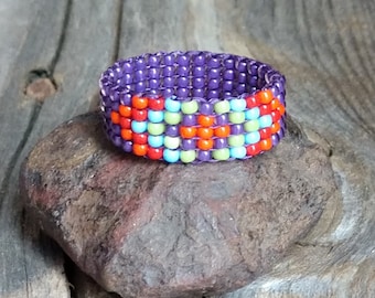 Native American Royal Purple Rainbow Beaded Ring Hypoallergenic Custom Orders