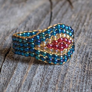 Rainbow Teal Crystal Honey Gold Royal Plum Southwestern Hippie Boho Native Bead Ring Chunky Jewelry Hypoallergenic