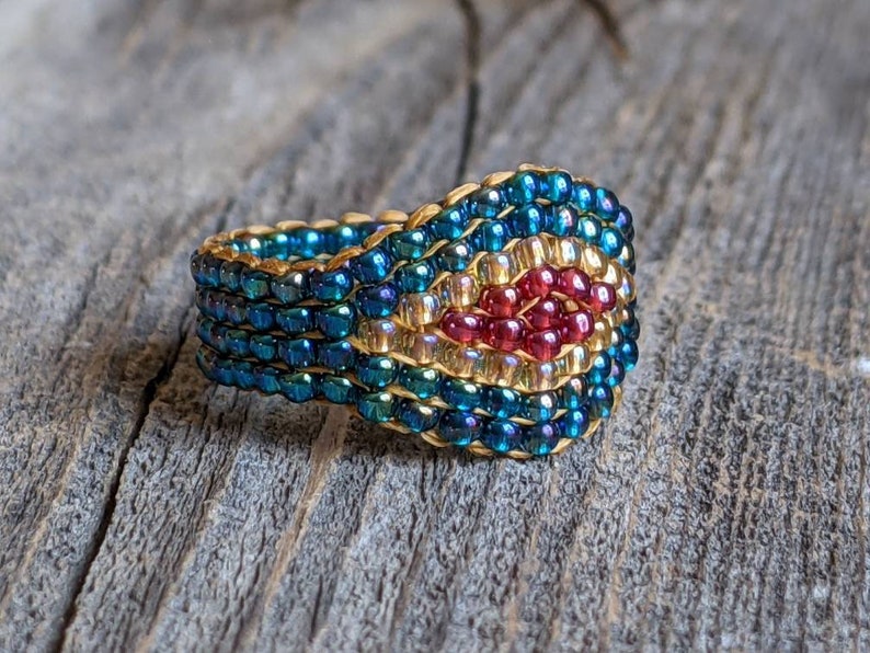 Rainbow Teal Crystal Honey Gold Royal Plum Southwestern Hippie Boho Native Bead Ring Chunky Jewelry Hypoallergenic image 1