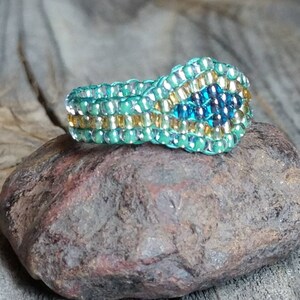 Sea Mist Aquamarine Green Cobalt Blue Crystal Honey Gold Hippie Bead Ring Hypoallergenic Nickel Free Custom Orders afbeelding 3