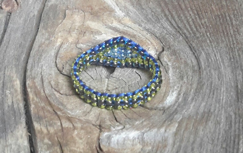 Handmade Cobalt Blue Chartreuse Hippie Minimalist Tribal Boho Bead Band Ring Pinky Nickel Free image 5