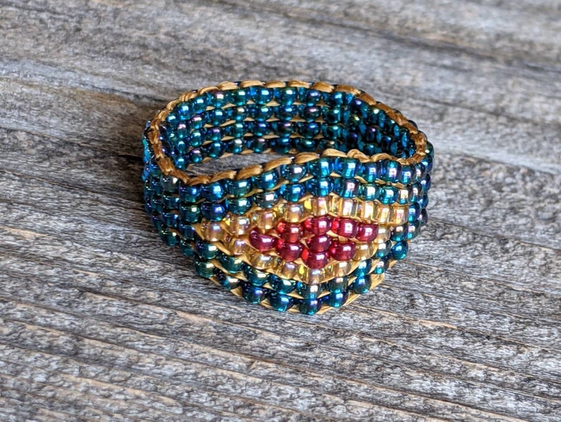 Rainbow Teal Crystal Honey Gold Royal Plum Southwestern Hippie Boho Native Bead Ring Chunky Jewelry Hypoallergenic image 6