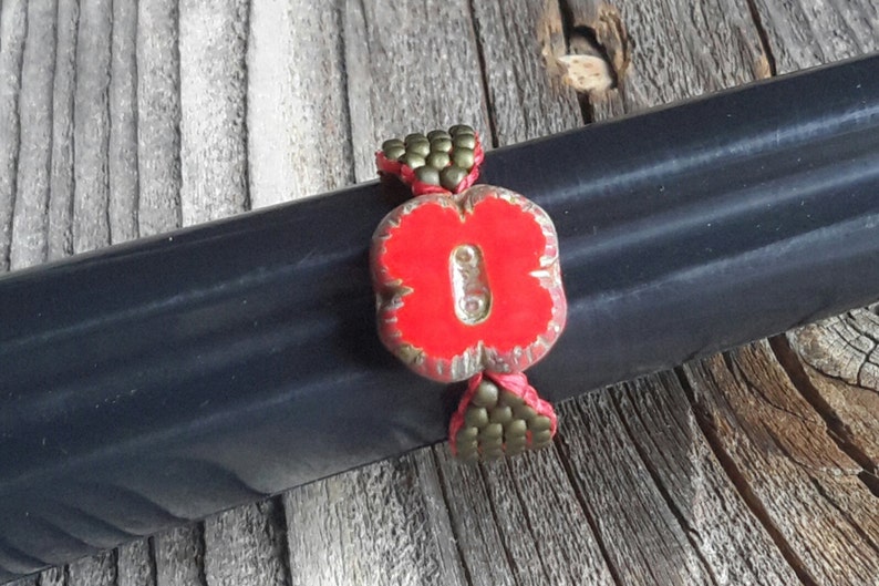 Pretty Christmas Red Czech Glass Butterfly Poppy Flower Bead Ring Olive Green Band Custom Orders image 4