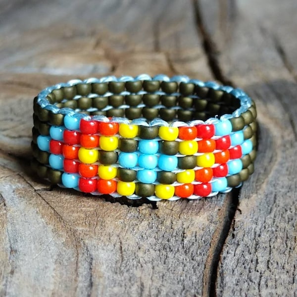 Native American Southwestern Matte Olive Green Bright Rainbow Blue Yellow Orange Red Hippie Beaded Ring Hypoallergenic