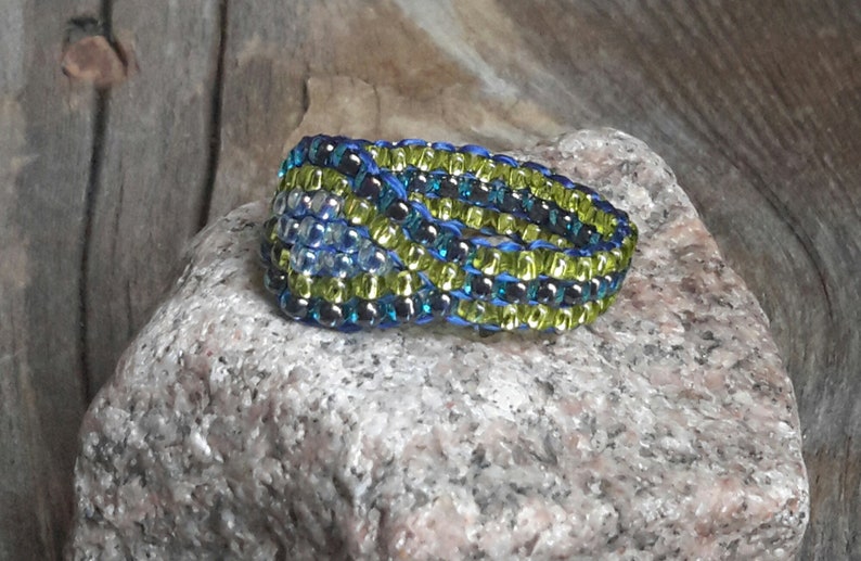 Handmade Cobalt Blue Chartreuse Hippie Minimalist Tribal Boho Bead Band Ring Pinky Nickel Free image 2