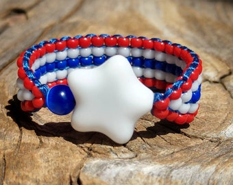 Patriotic Stars Stripes Red White Blue Cats Eye Handsewn Bead Ring Band USA American Flag  Hypoallergenic Unisex Hippie Boho Custom Orders