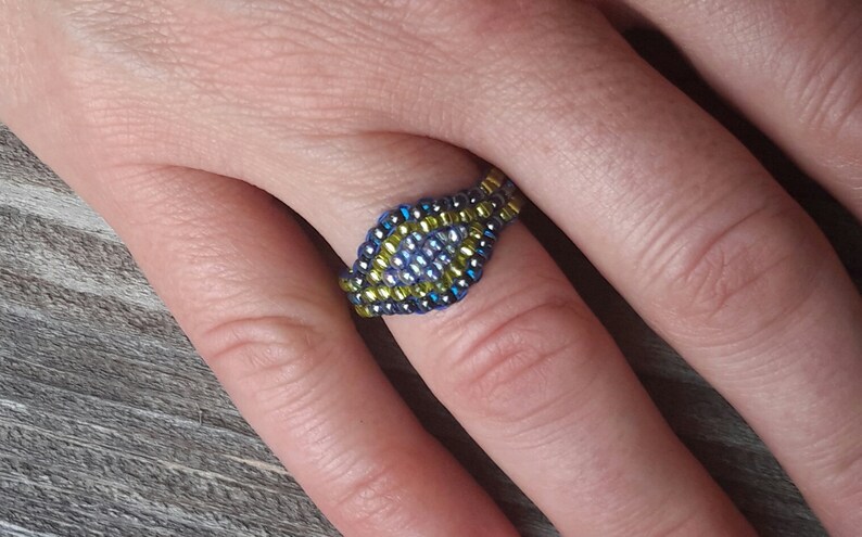 Handmade Cobalt Blue Chartreuse Hippie Minimalist Tribal Boho Bead Band Ring Pinky Nickel Free image 7