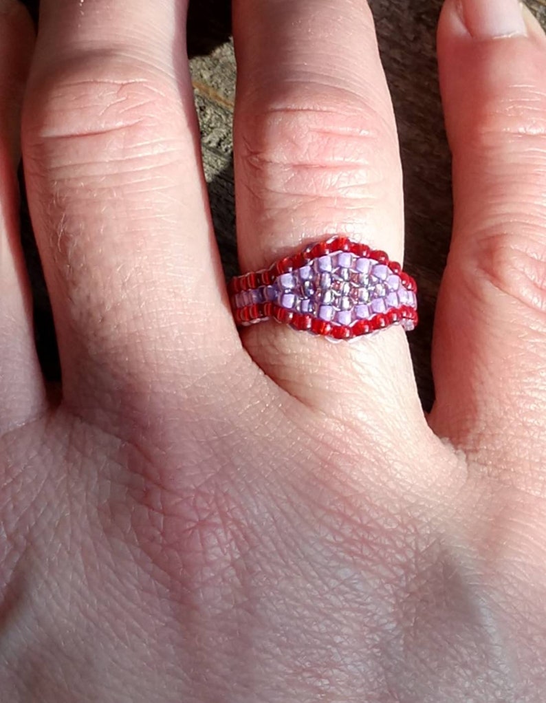 Handsewn Frosted Lavender Heather Mauve Red Southwestern Hippie Love Bead Ring Hypoallergenic Nickel Free Custom Orders image 6