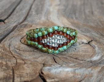 Hypoallergenic Cornflower Picasso Green Brown Crystal Camo Small Pinky Glass Sead Bead Ring Nickel Free Custom