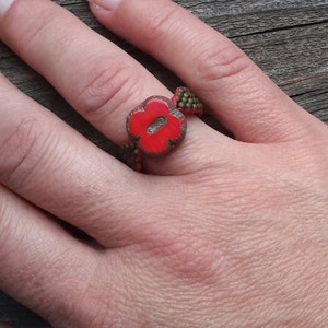 Pretty Christmas Red Czech Glass Butterfly Poppy Flower Bead Ring Olive Green Band Custom Orders image 5