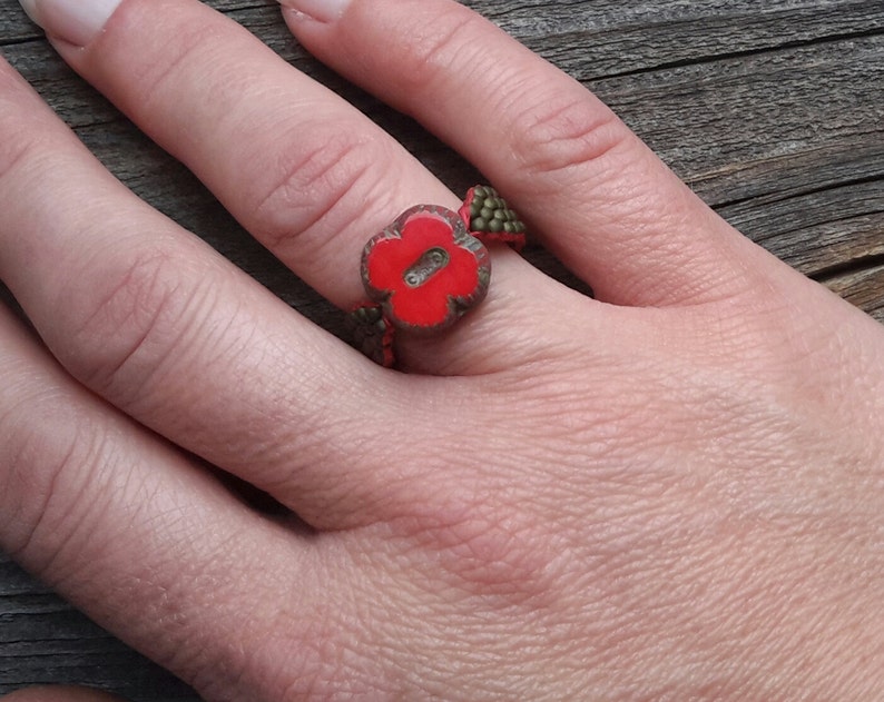 Pretty Christmas Red Czech Glass Butterfly Poppy Flower Bead Ring Olive Green Band Custom Orders image 5