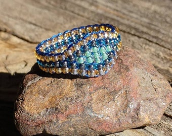 Hypoallergenic Crystal Honey Gold Sea Mist Aqua Green Cobalt Blue Custom Sparkly Hippie Bead Ring Nickel Free